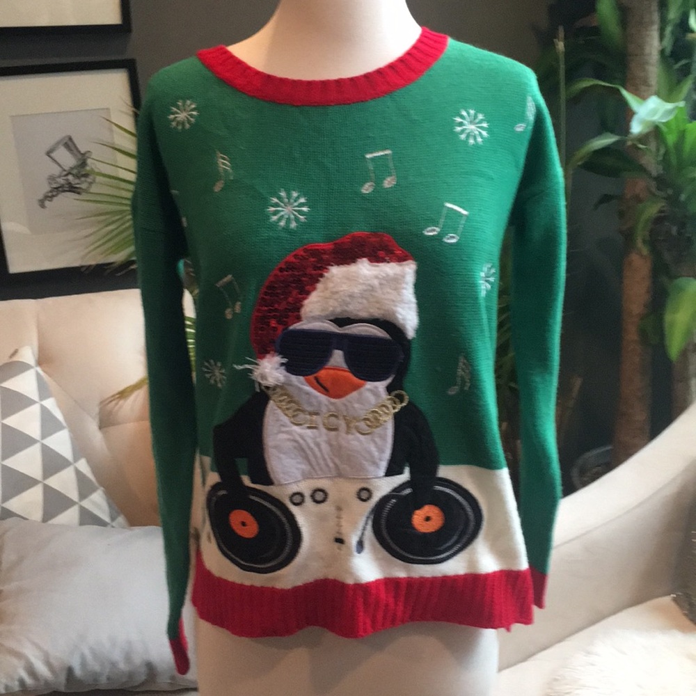 DJ Penguin Ugly Christmas Sweater with sound!